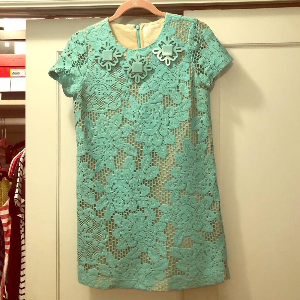 KARTA bright turquoise floral lace mini dress